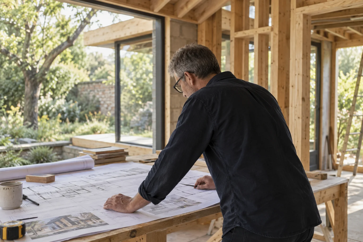 Plans being reviewed at a timber-frame building project