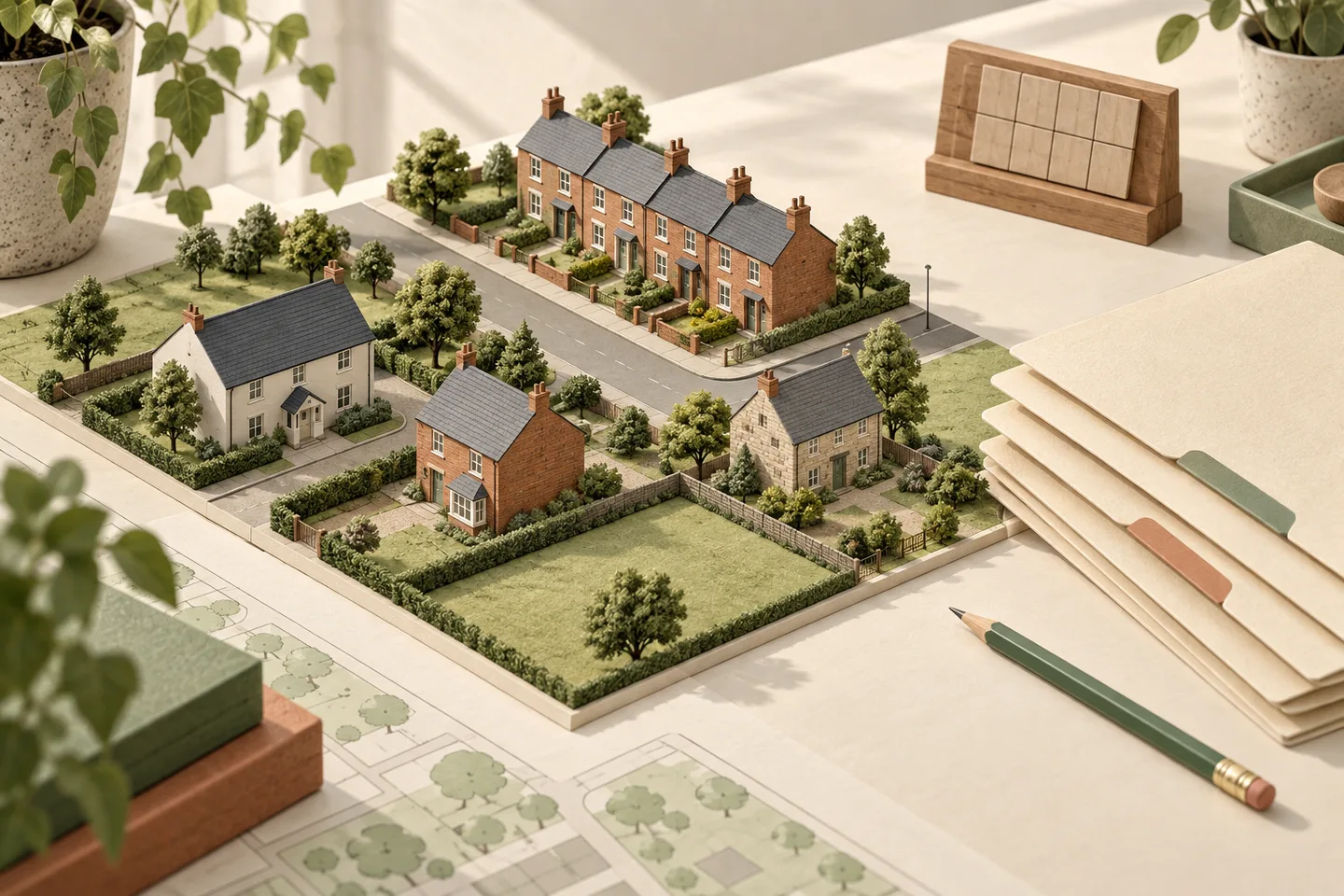 Illustration of a fictional neighbourhood model with application folders and a calendar object