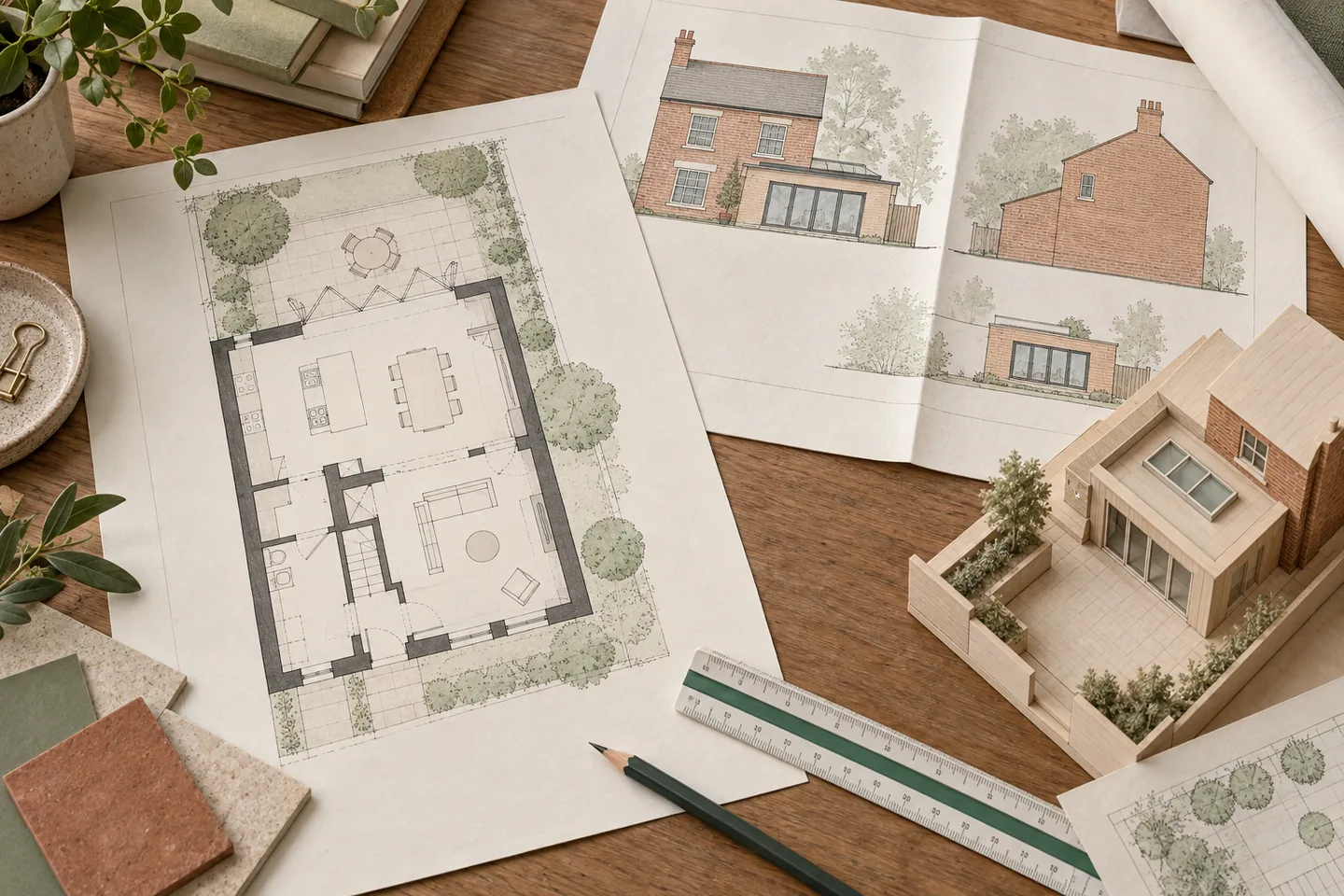 Illustration of floor plans, house elevations and a small extension model on an architect’s desk