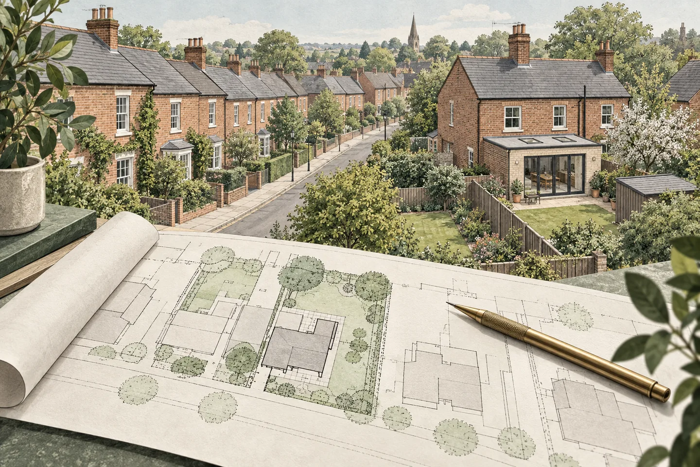 Illustration of a fictional British residential street with an architectural site plan in the foreground